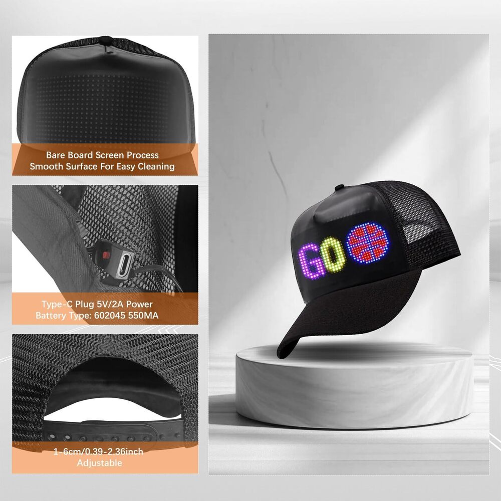 3309 LED Cap, Bluetooth APP Control Programmable LED Hat Display Screen - Picture 2 of 8